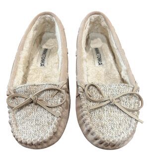 Minnetonka Women's Beige Faux Fur Lined Suede & Knit Slip-on Moccasins  Size 7
